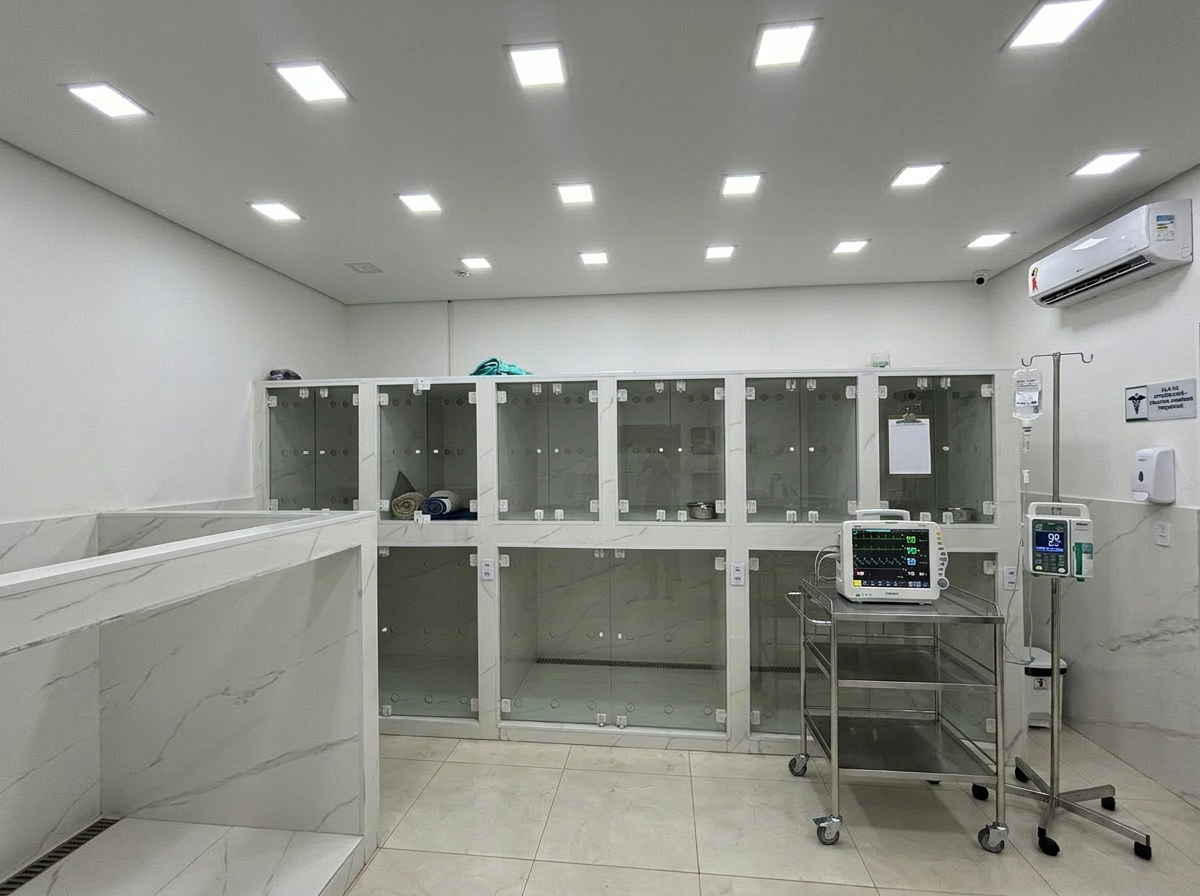 Sala de internação veterinária da LumeCare com baias individuais e monitoramento